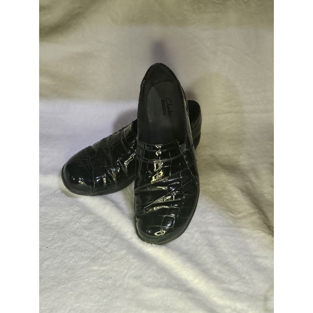 Clarks May Marigold Black Faux Crocodile Loafers Dress Shoes Women 7.5 M